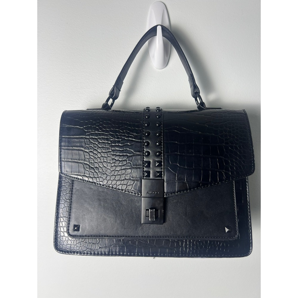 ALDO Satchel Handbag Medium Black Studded Croc Embossed Top Handle Bag Goth Emo